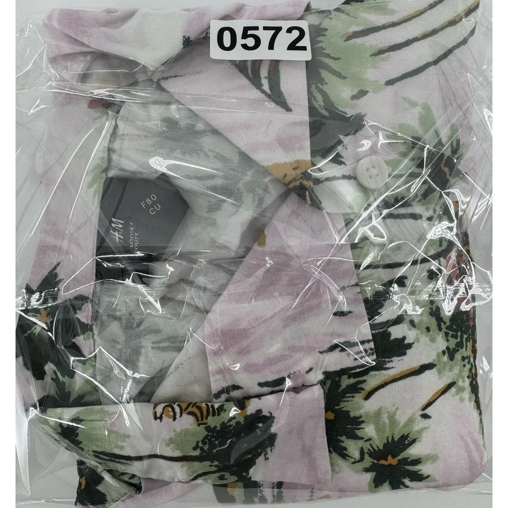 H&M‎ Hawaiian Shirt Men's Size L Cotton Pink Floral Tropical Beach Island Aloha